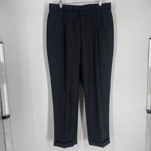 Alfani Mens Charcoal Grey‎ Pinstripe 100% Wool Pleated Cuffed Dress Pants 34x30